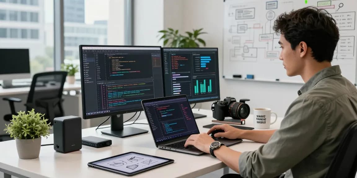 Engaging software development workspace at the WPS Official Website, featuring modern tech gear, coding screens, and a vibrant city view.