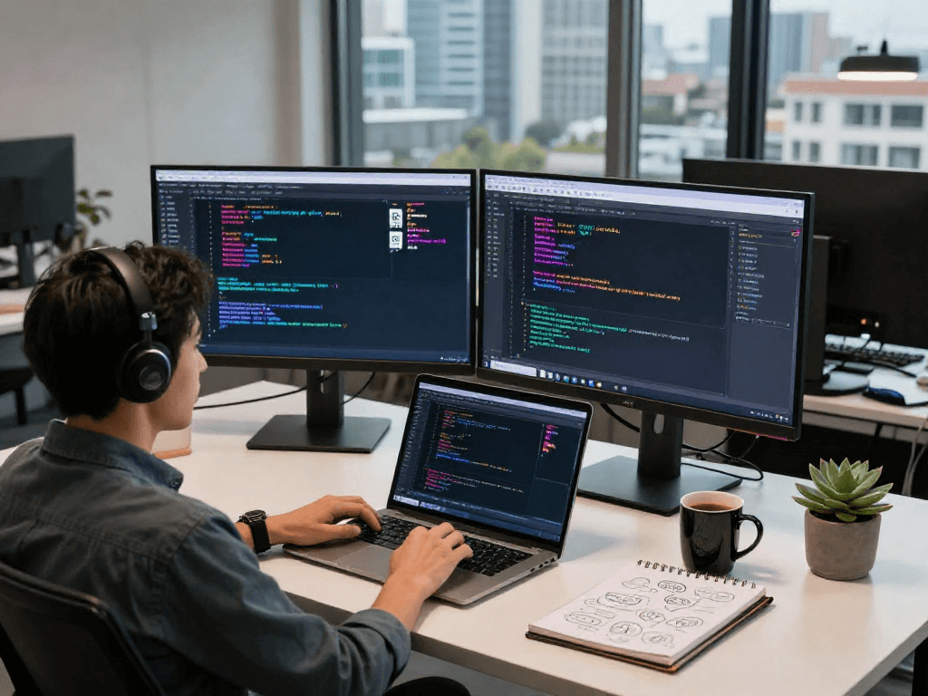 Dynamic QR Codes development environment with dual monitors and coding tools.
