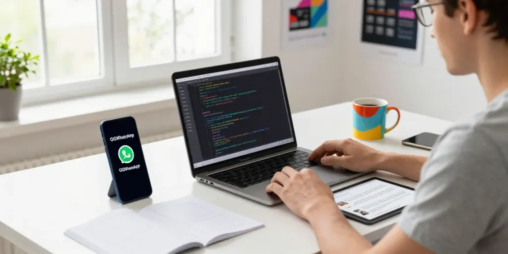 Developer showcasing OGWhatsApp features in a modern workspace, reflecting the latest updates from https://gbapps.net/download-ogwhatsapp/.
