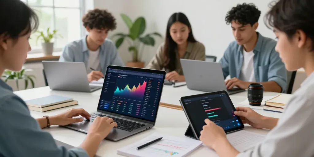 Trading session at nordencore.ca with beginners collaborating and engaging with AI tools in a bright workspace.
