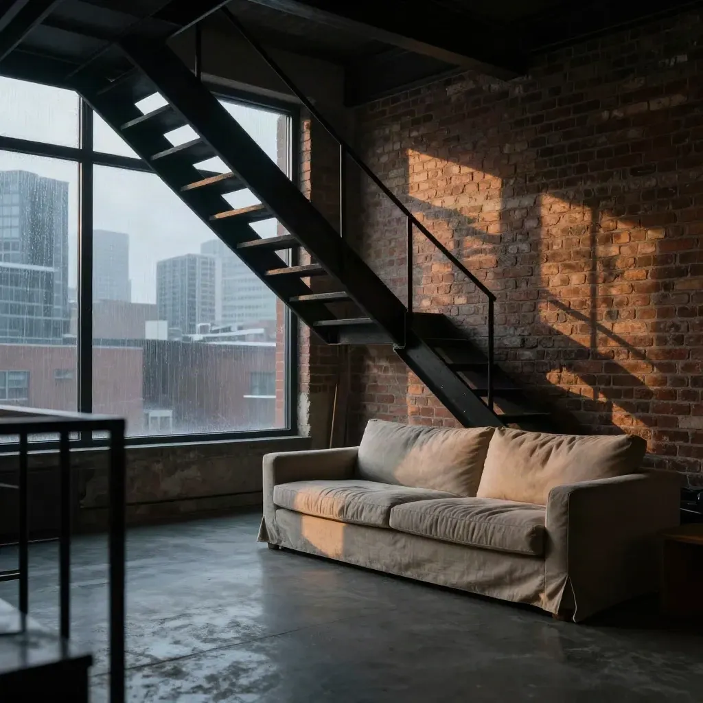 Toronto warehouse loft with black steel staircase, linen sofa, rain-lit windows, and dawn haze.