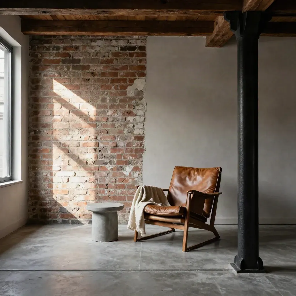 Sunlit hard-loft living room with brick, timber beams, iron column, leather chair, and drifting dust