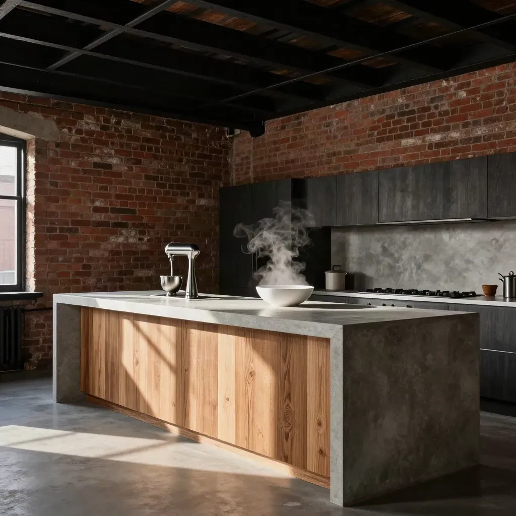 Cinematic factory kitchen with brick, steel beams, and a steaming oak-and-concrete island.