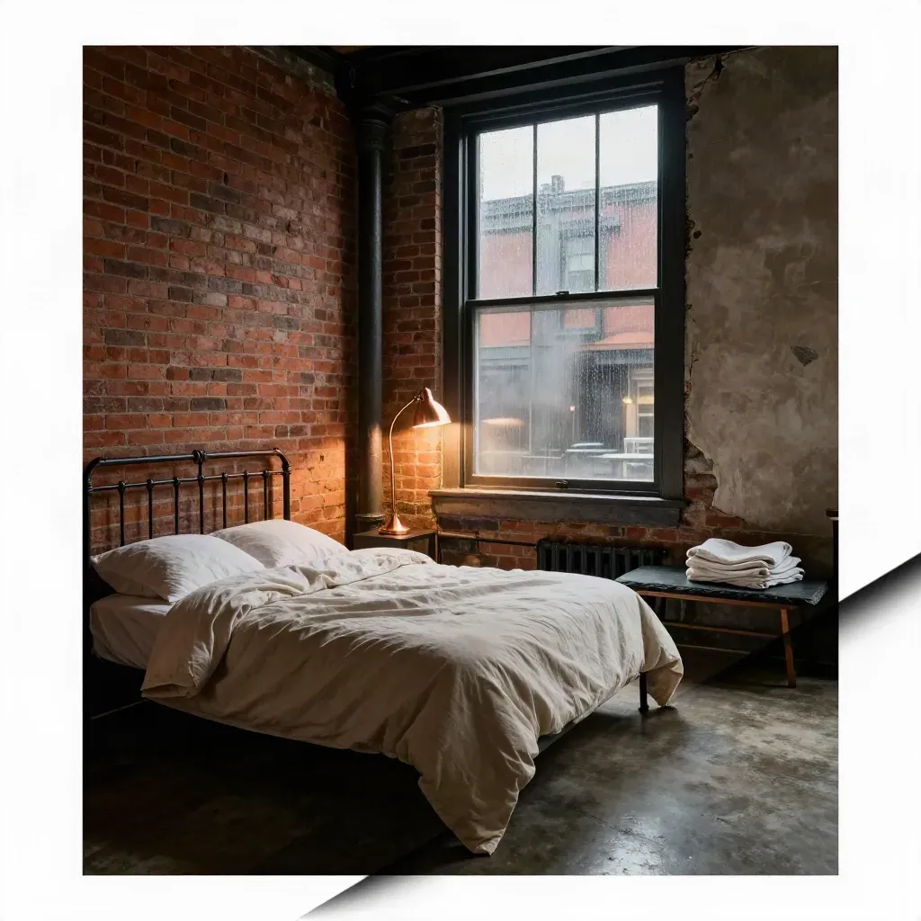 Gastown loft bedroom with brick, cast-iron columns and rain-flared window light.