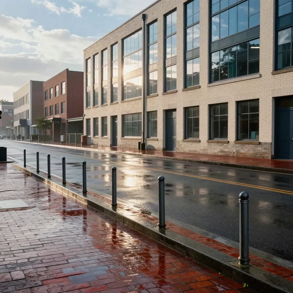Rain-slick Liberty Village street with brick warehouses, bike lanes, and blue reflections after the storm.