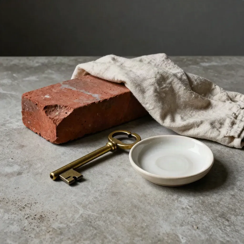 Brass key, brick sample, linen cloth and ceramic dish on concrete, soft side light