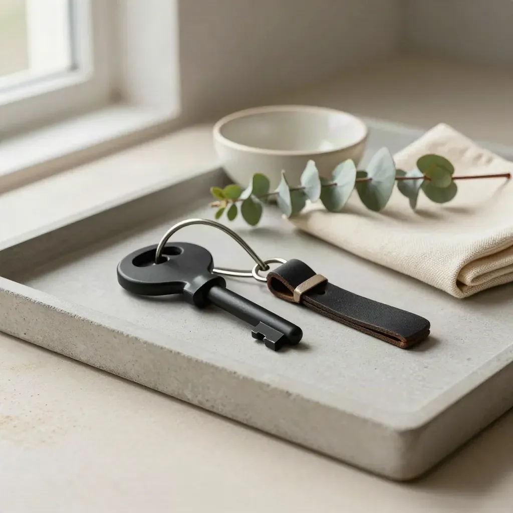 Matte-black deadbolt key, bowl, pouch, and eucalyptus on a concrete tray