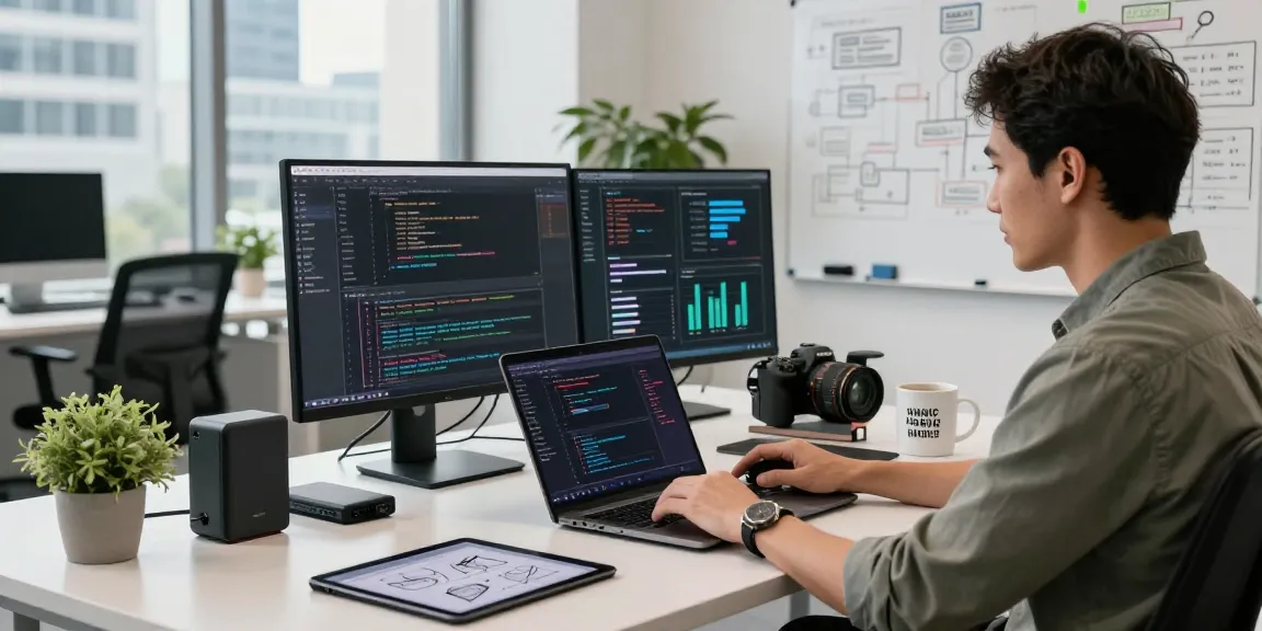 Engaging software development workspace at the WPS Official Website, featuring modern tech gear, coding screens, and a vibrant city view.