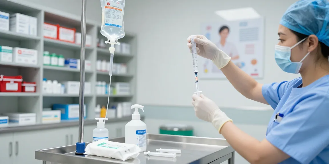 Preparing saline sodium chloride solution in a sterile healthcare setting with a nurse, emphasizing care and precision.