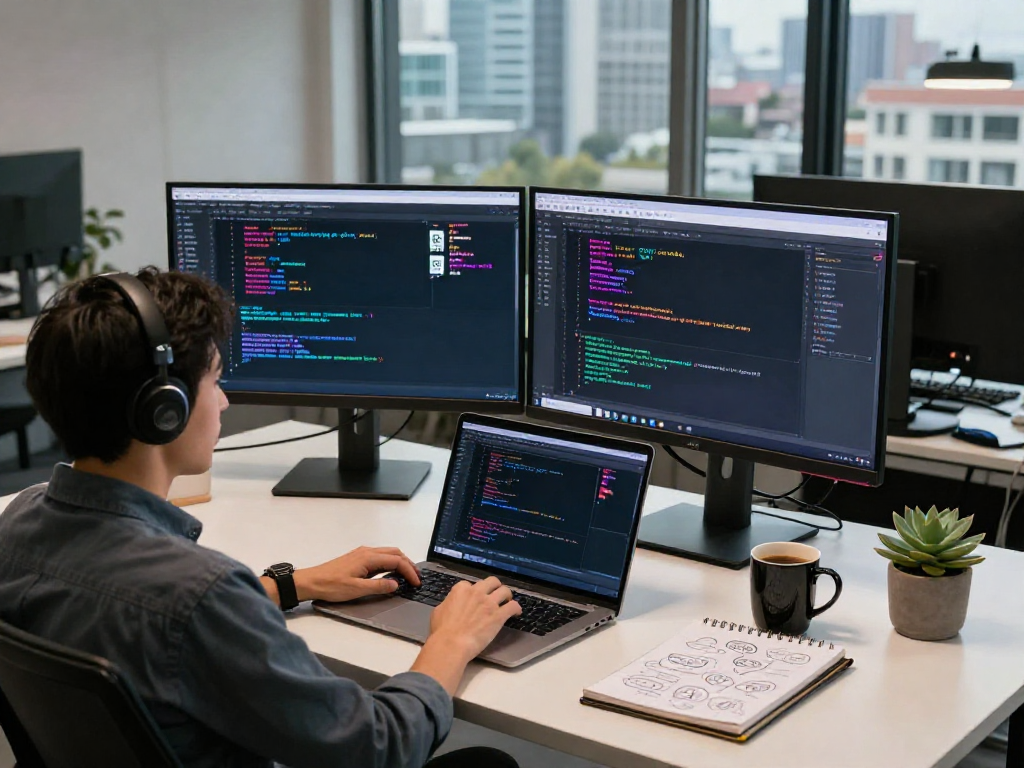 Dynamic QR Codes development environment with dual monitors and coding tools.