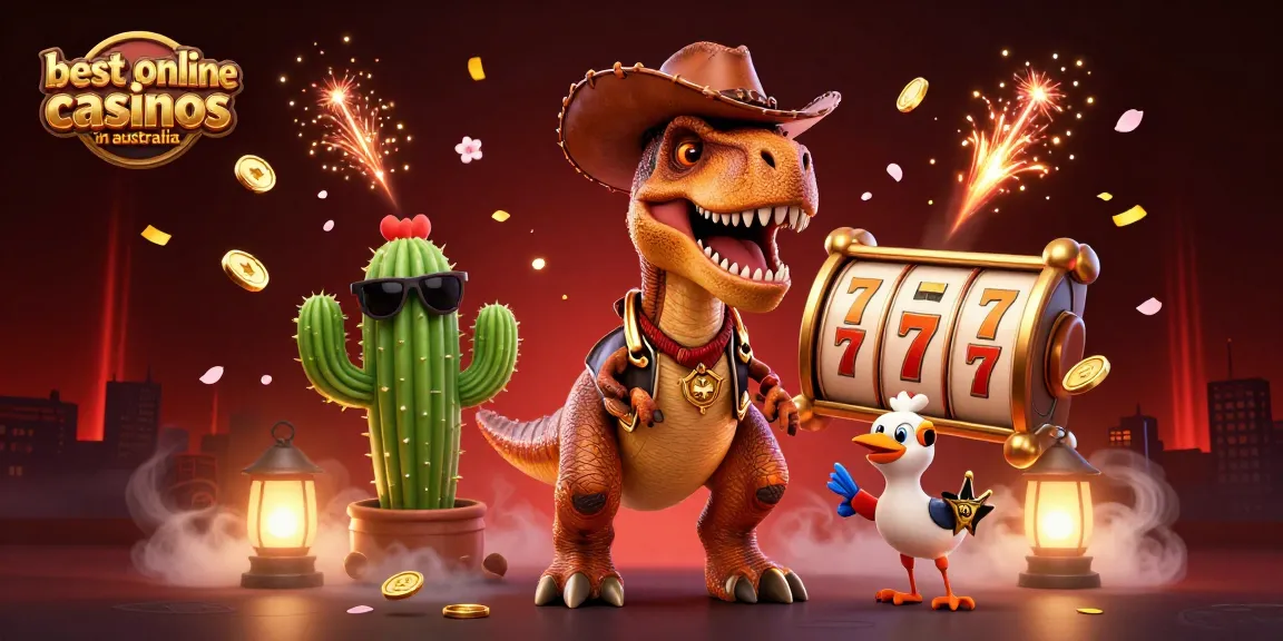 Experience the excitement of the best online casinos in Australia with T-Rex and friends surrounded by vibrant casino elements.