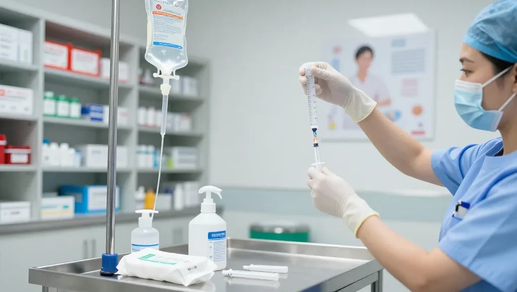 Preparing saline sodium chloride solution in a sterile healthcare setting with a nurse, emphasizing care and precision.
