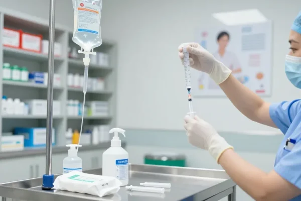 Preparing saline sodium chloride solution in a sterile healthcare setting with a nurse, emphasizing care and precision.