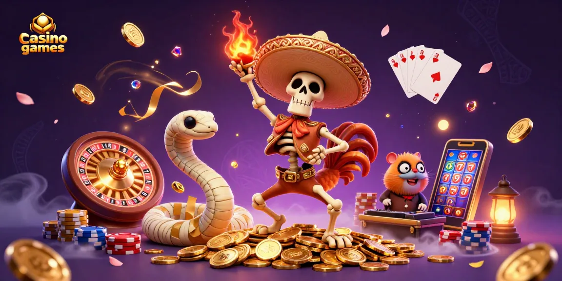 Engage with thrilling casino games as a skeleton mariachi rooster celebrates atop golden coins.